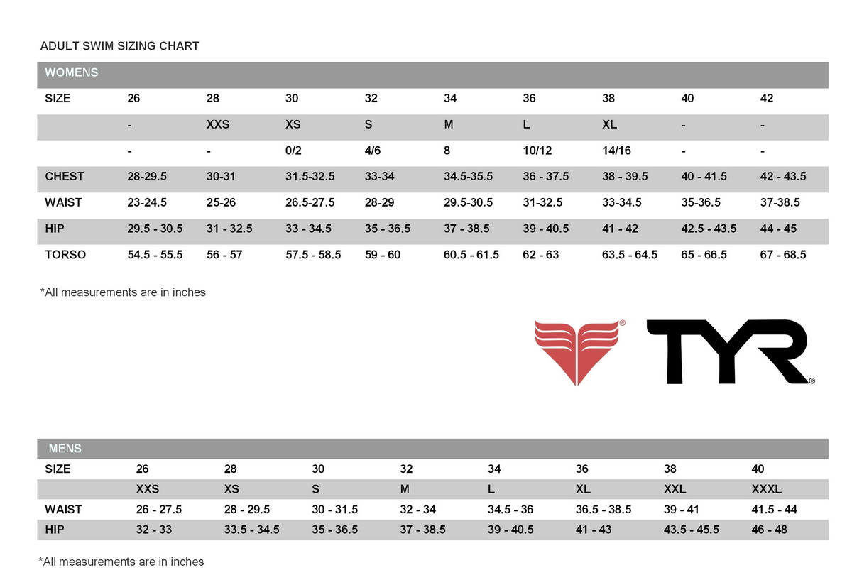 TYR Adult swim sizing chart Taula de talles de natació per a adults de TYR